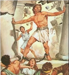 Sampson pulling down the pagan temple by destroying the pillars Sampson pulling down the pagan temple by destroying the pillars